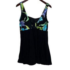 Longitude Womens Black Floral Swimdress 22W One Piece Swimsuit Full Coverage